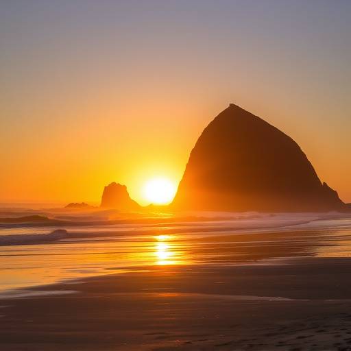 Haystack Rock standing tall on Cannon Beach at sunset