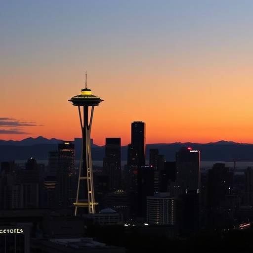 The Seattle skyline at dusk, with the Space Needle prominently featured